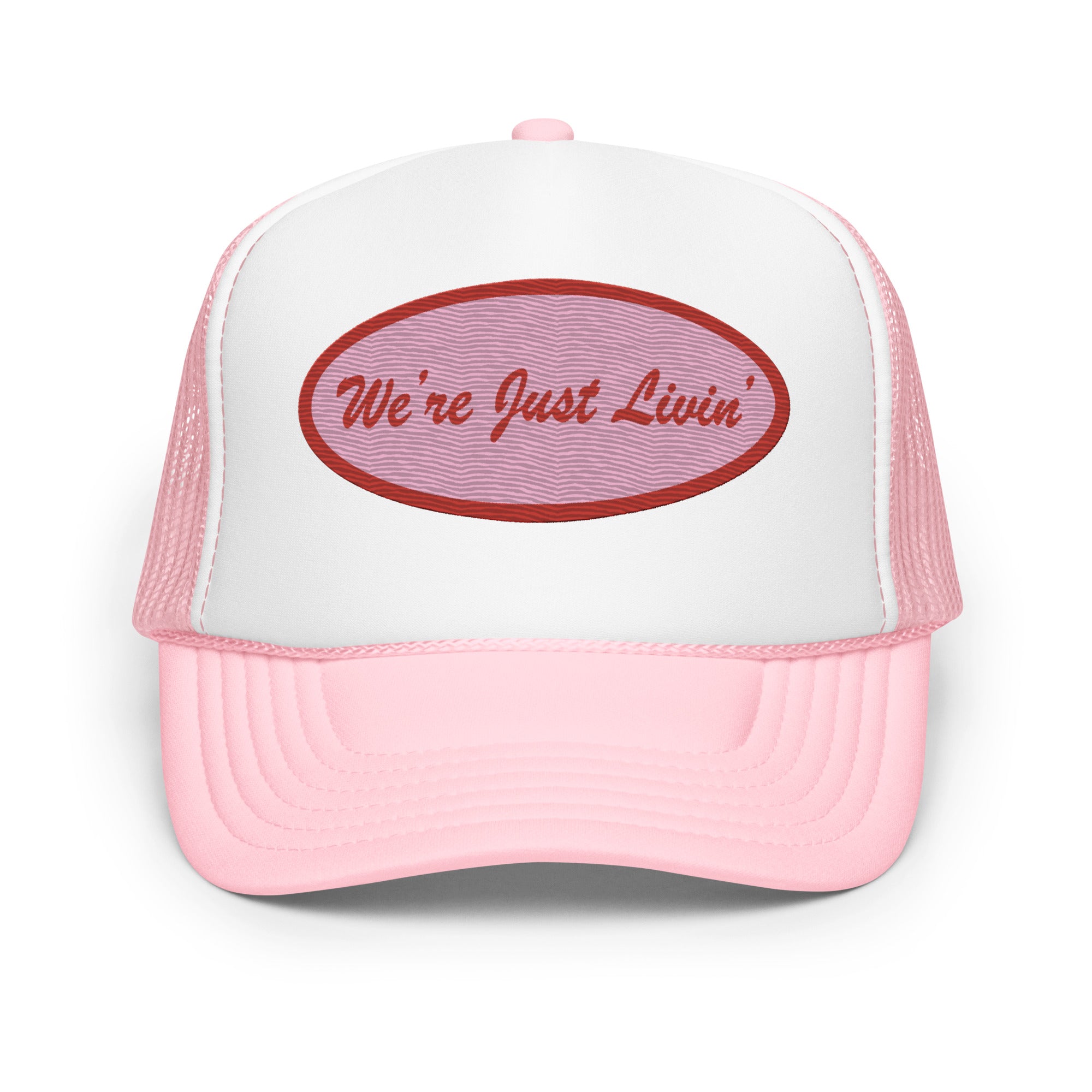 We're Just Livin' V Day Trucker Hat – Courtney Cook Shop